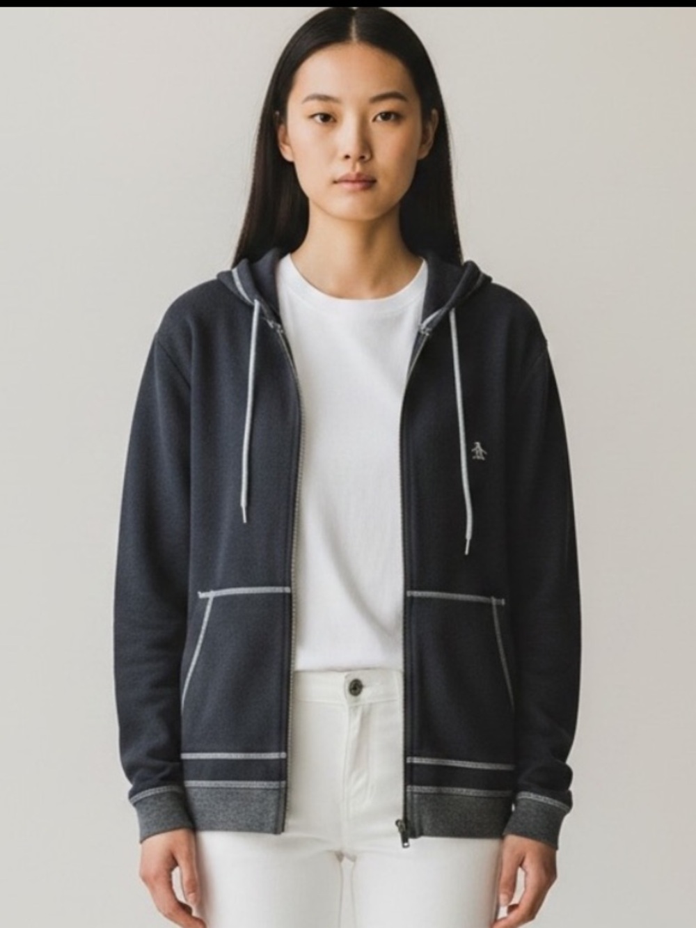 Original Penguin Navy Blue Zip Front Hoodie with Contrast Stitching
